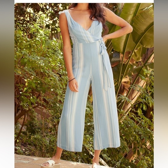 Lulus Sunny Shores Light Blue Striped Tie-Front Culotte Jumpsuit - Picture 1 of 9